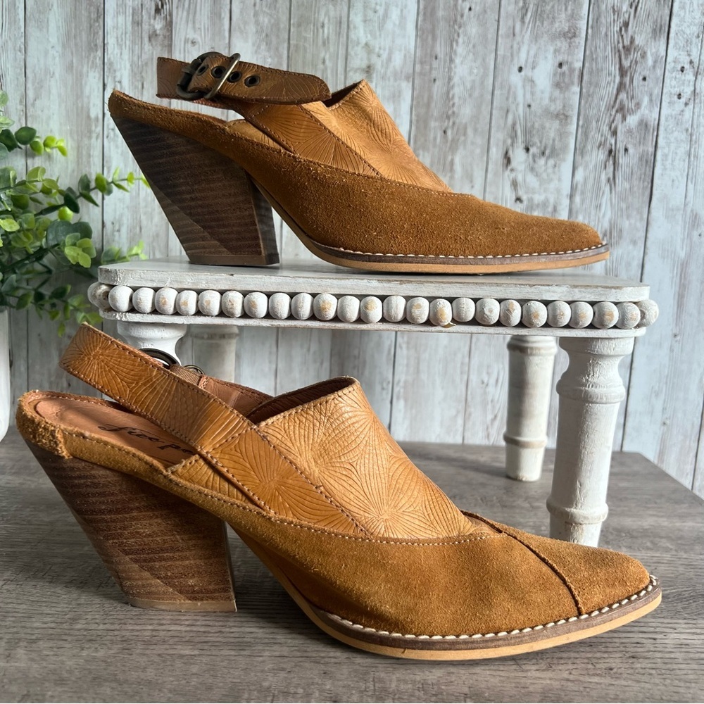Free People Silverton Slingback Stacked Heel Slingback Tan Leather Mules 7.5 - Picture 3 of 9